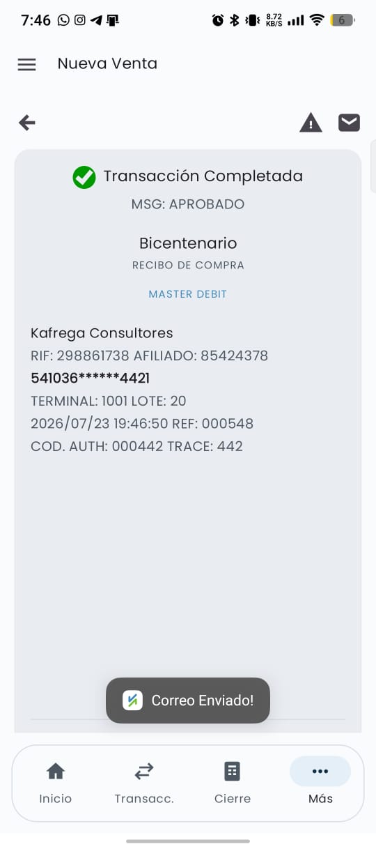 Comprobante de transacción en la app Kafrega