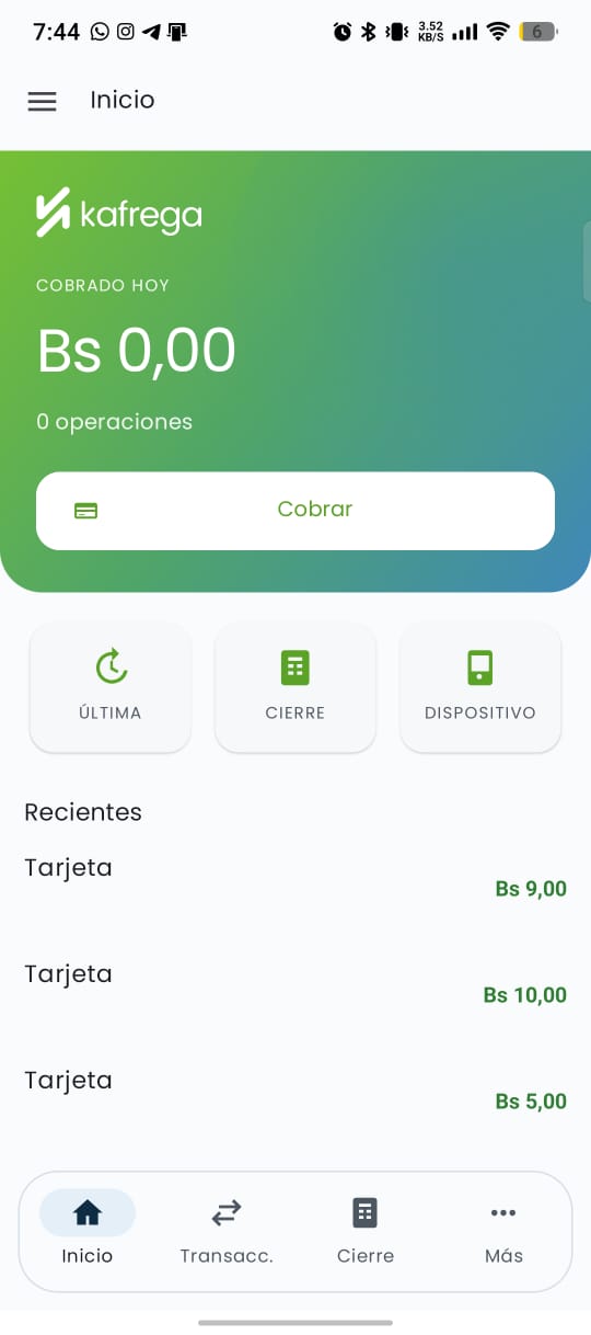 Pantalla de inicio de la app Kafrega con el resumen del día
